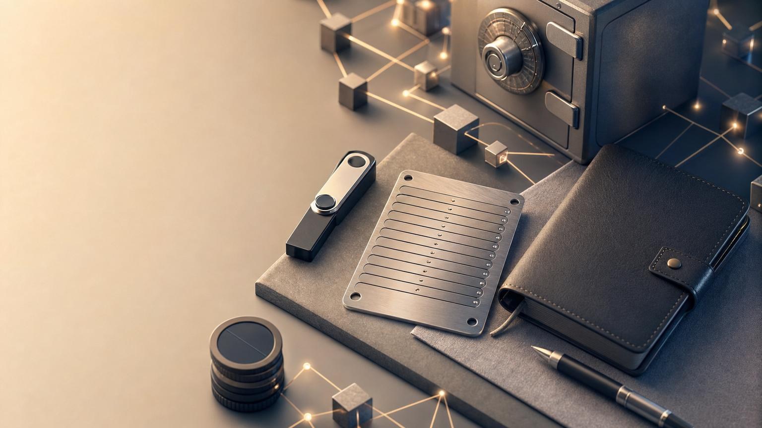 Carteira de hardware, cópia física de uma seed phrase e cartão de verificação de endereço, rede e valor antes de uma transferência de criptomoeda